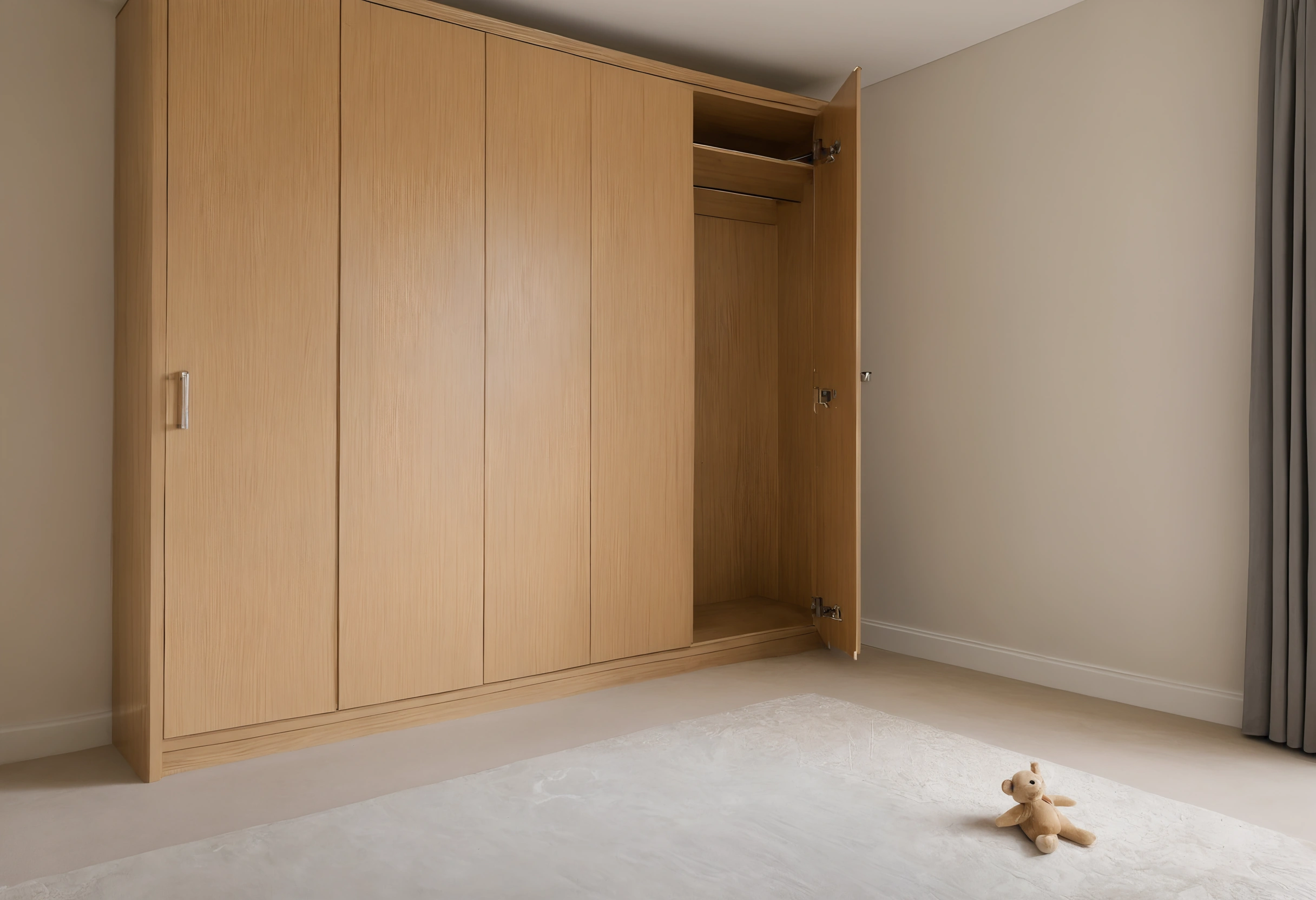 Empty bedroom of a new apartment with a built-in oak wardrobe wall, one door open, and a pale rug on the floor