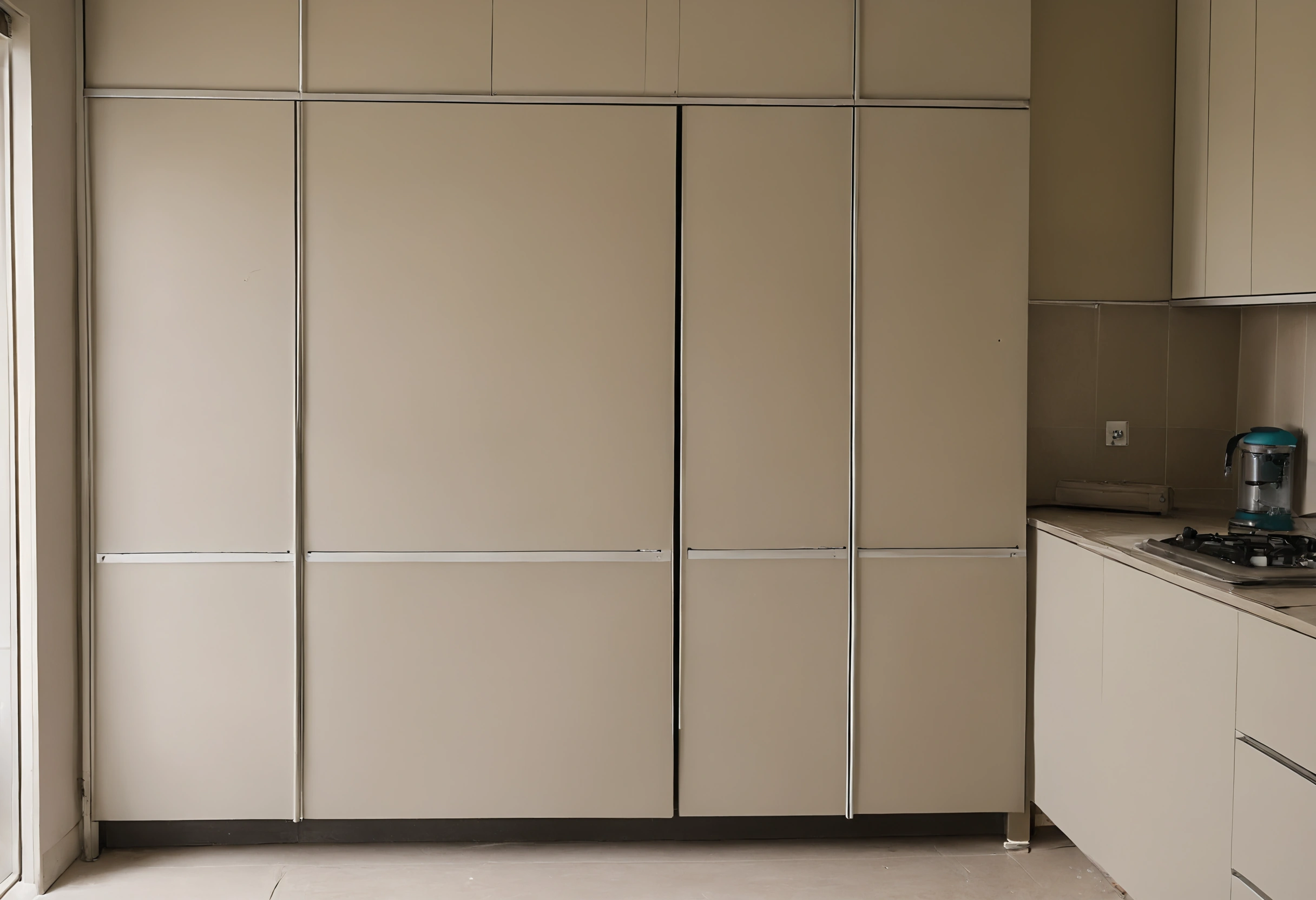 New apartment with a wall of tall matt cabinets beside the kitchen run, doors closed and ready to be checked