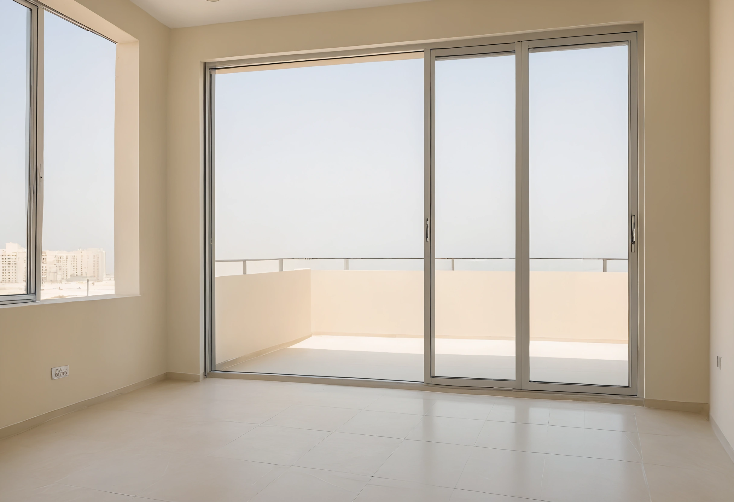 Empty living room of a new high-rise apartment with plain walls, pale floor tiles and sliding doors to a balcony
